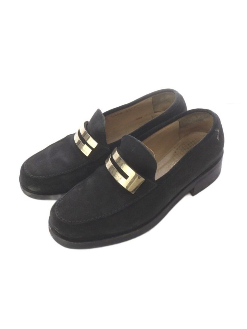 Gucci Loafers Shoes Logo Plate Suede Leather Black